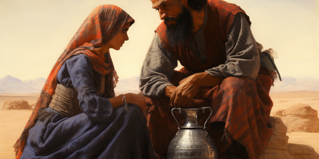 fredmadamekay_a_bearded_man_kneeling_by_a_well_talking_to_a_wom_17126d3c-a207-41b4-a809-0e275fdb7f89 a_bearded_man_kneeling_by_a_well_talking_to_a_woman_with_a_jar