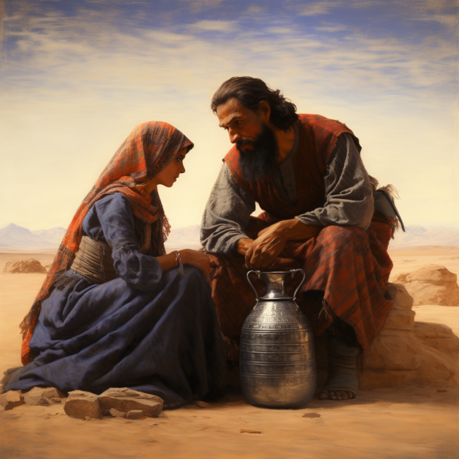 fredmadamekay_a_bearded_man_kneeling_by_a_well_talking_to_a_wom_17126d3c-a207-41b4-a809-0e275fdb7f89 a_bearded_man_kneeling_by_a_well_talking_to_a_woman_with_a_jar